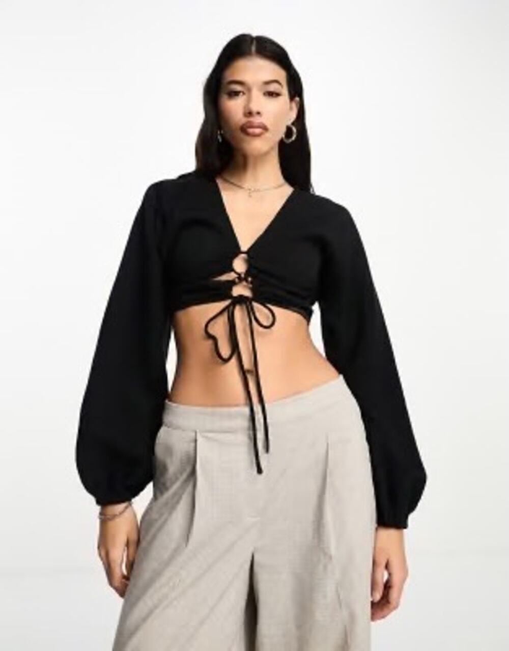 ASOS Black Crinkle Lace Up Lattice Crop Top Size 4